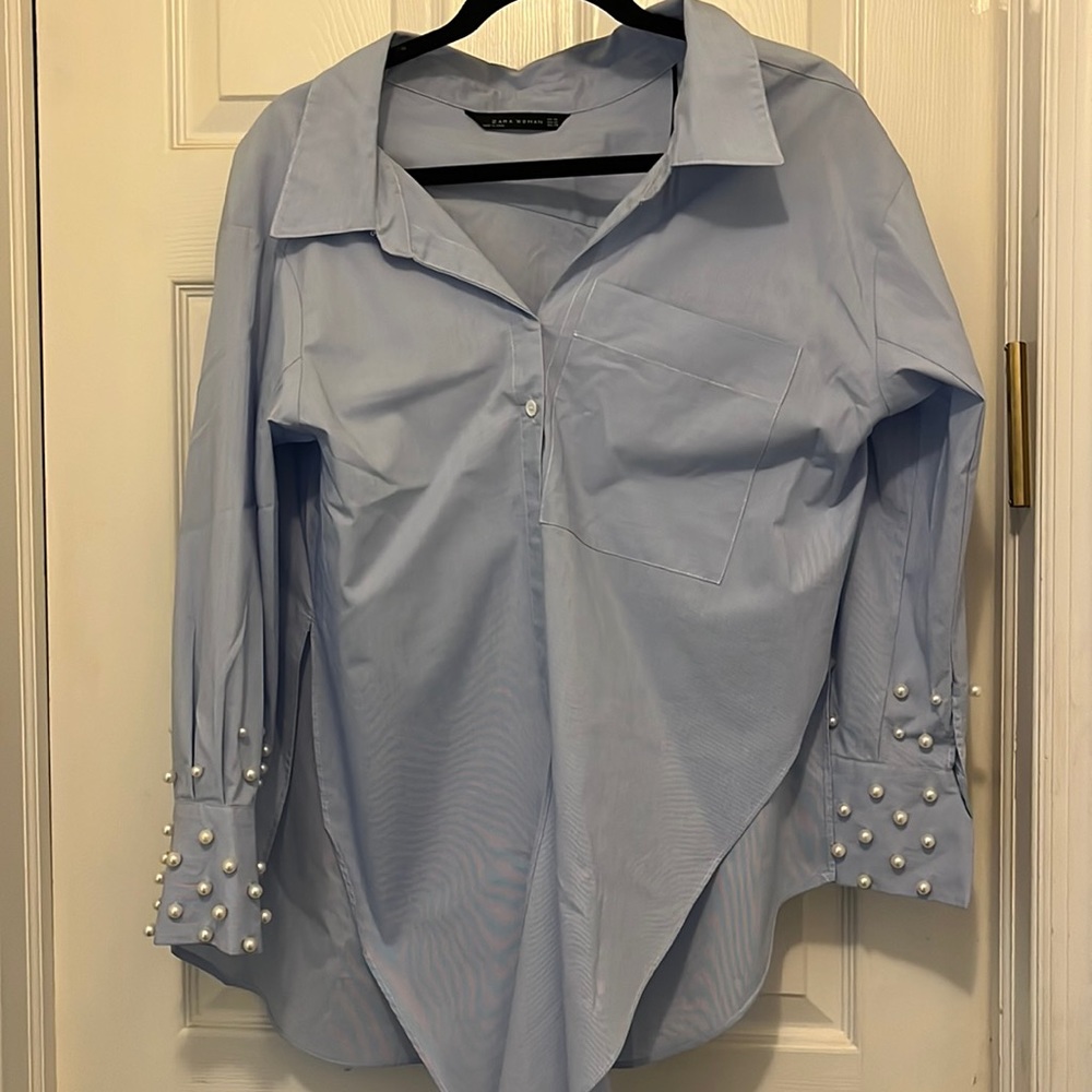 Zara oversized one button button down blue with pearl arm accent